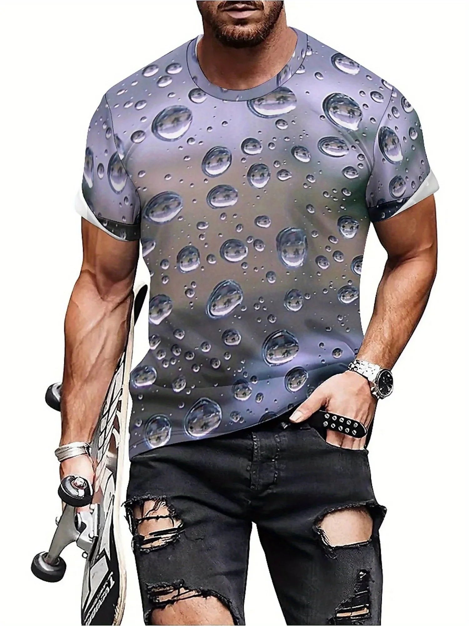 Men's 3D Print Water Drop Geometric Pattern T-Shirt - Hip Hop Streetwear Loose Fit, Soft Breathable Polyester