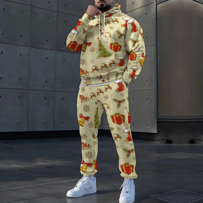 2025 Christmas 3D Print Long Sleeve Hoodies Set Autumn Winter Casual Men's Two Piece Tracksuit Fashion Loose Festival Party Suit